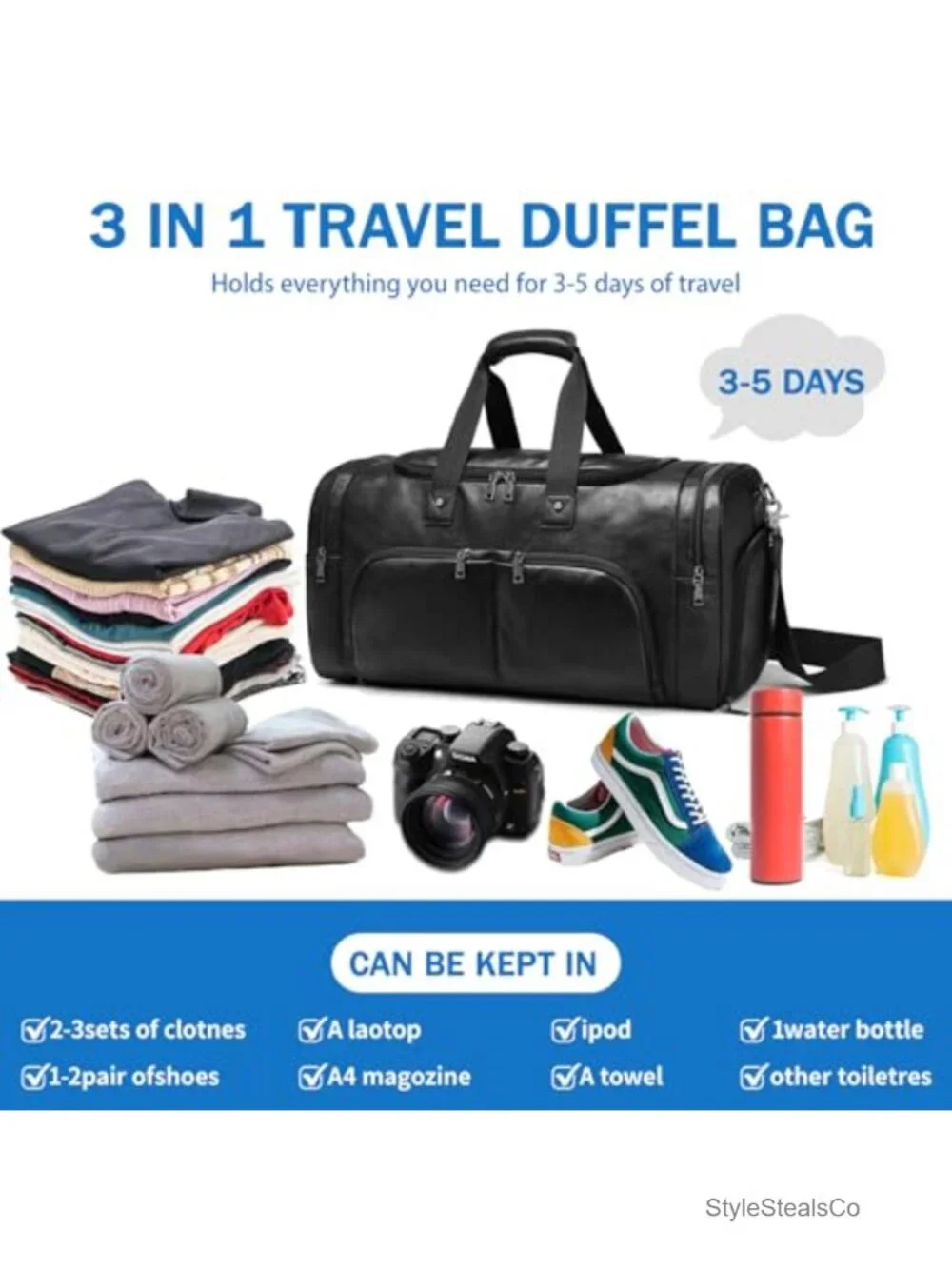 Leather Travel Duffle Bag Weekender Overnight with Shoe Compartment Waterproof
